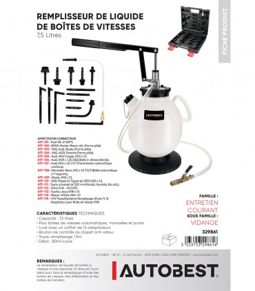 Remplisseur de liquide de boîtes de vitesses 7,5 litres