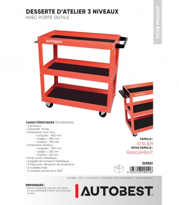 Desserte atelier 3 niveaux avec porte-outils