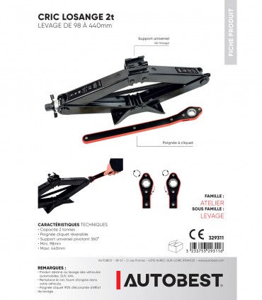 Cric losange 2t levage 320-440mm poignée cliquet