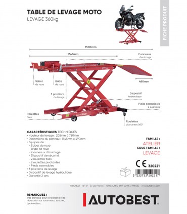 Table de levage moto 360 kg