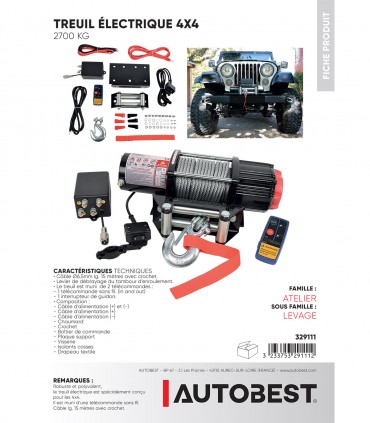Treuil électrique 4x4 12v 2.70t câble acier 15m