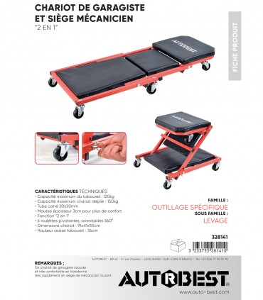 Chariot garagiste et siège mécanicien 2 en 1