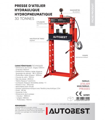 Presse hydro-pneumatque 30 tonnes