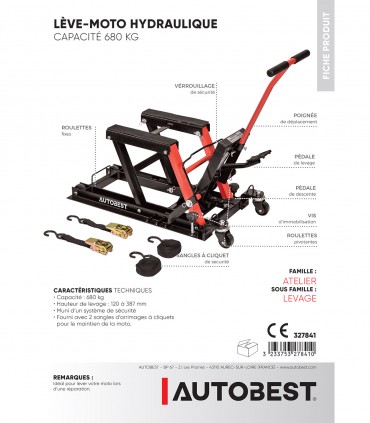 Lève moto 680kg levage de 120 à 387 mm