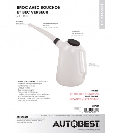 Broc avec bouchon et bec verseur 2L