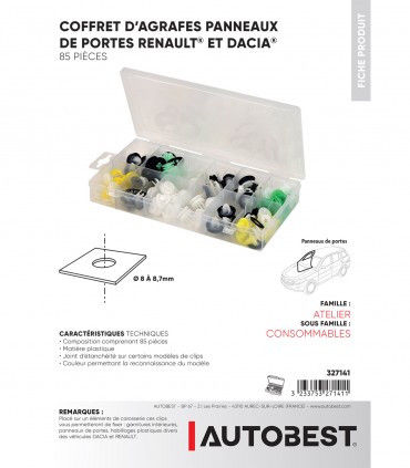 Coffret agrafes 85pcs panneaux de portes Renault
