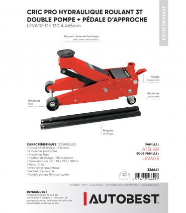Cric pro hydraulique 3t 130 à 465 mm