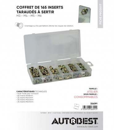 Coffret 165 inserts taraudes à sertir M3 M4 M5 M6