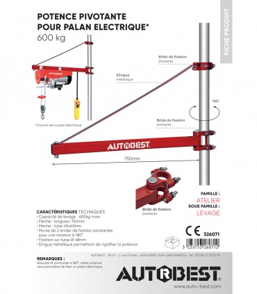 Potence pour palan électrique 600kgs 180°