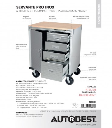 Servante atelier 4 tiroirs + 1 compartiment  plateau bois