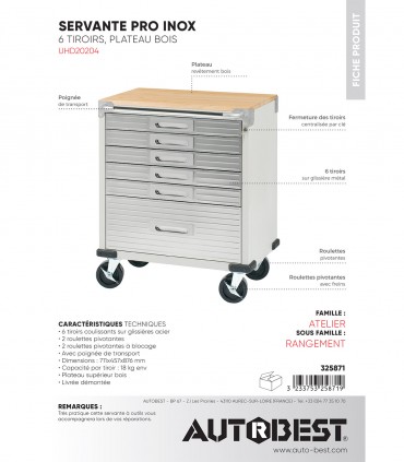Servante atelier 6 tiroirs plateau bois
