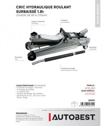 Cric rouleur hydraulique 1.8t surbaissé 85 à 370mm