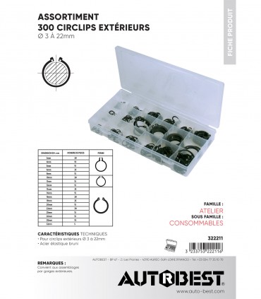 Coffret 300 circlips extérieurs 3 À 22 mm