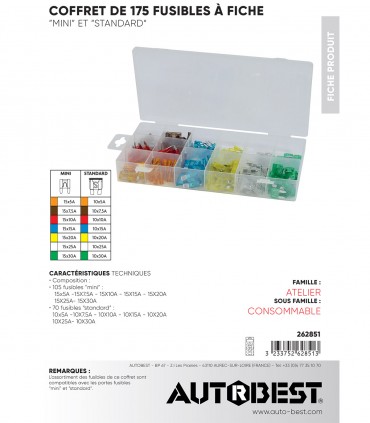 Coffret 175 fusibles à fiche standards et mini