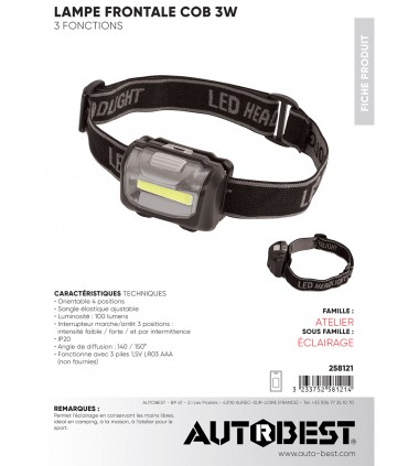 Lampe frontale LED COB 100lm