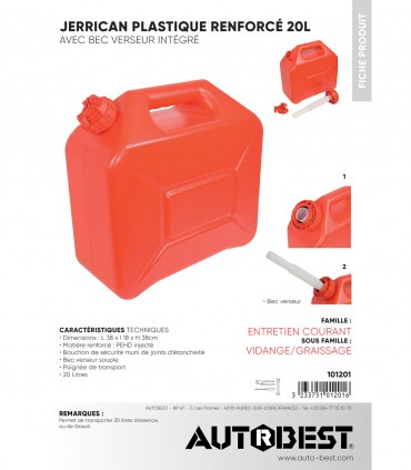 Jerrican plastique renforcé 20L bec verseur intégré