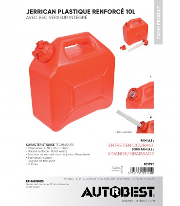 Jerrican plastique renforcé 10L bec verseur intégré