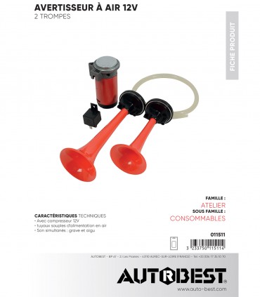 Avertisseur à air 12v 2 trompes